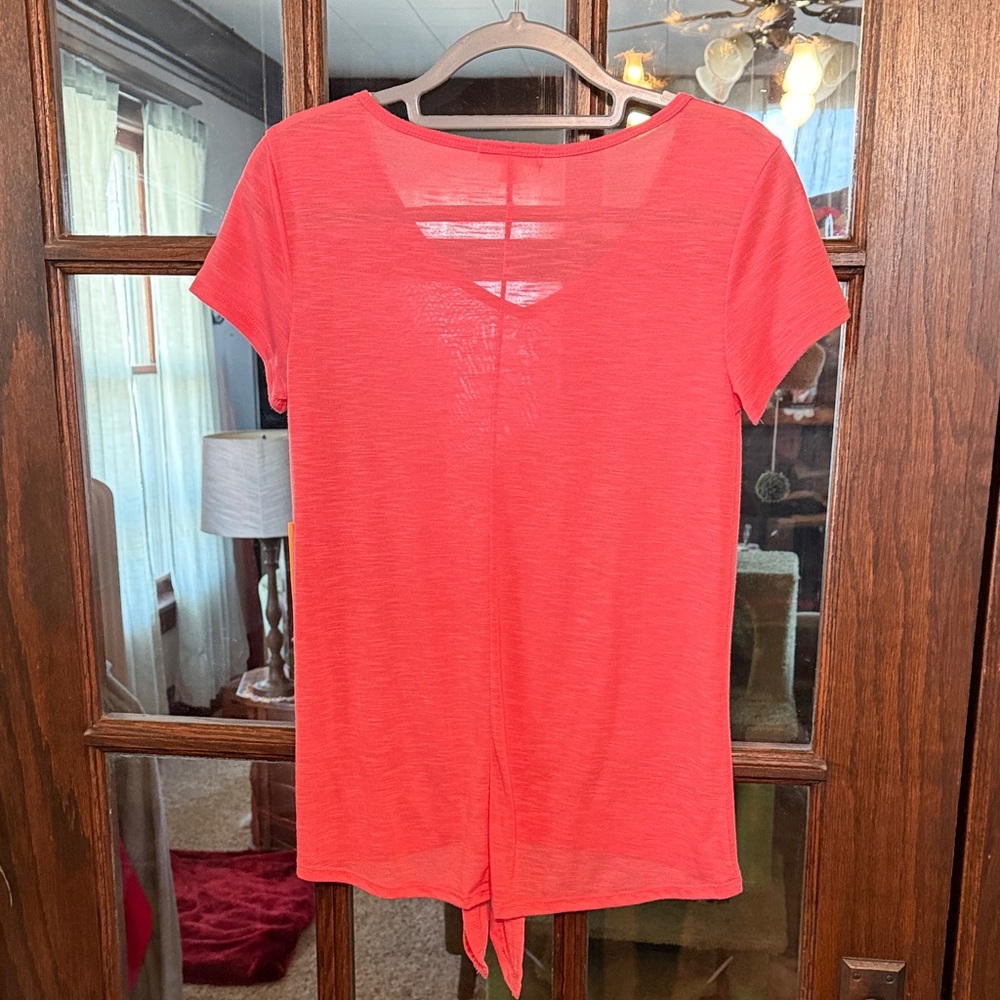 Paper + Tee Womens Coral Pink Slub Knit V-Neck Front Tie Short Sleeve Top M NWT - Picture 5 of 5